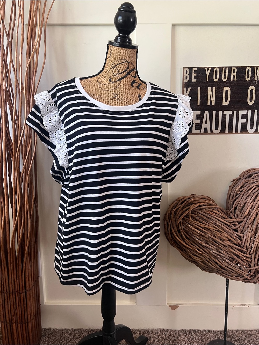 Cato Black & White Striped Top with White Eyelet Lace Sleeves